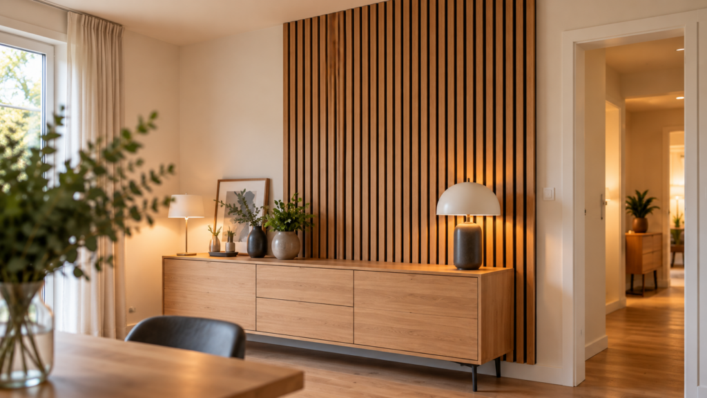 Vertikale Holzlamellen bilden eine Akzentwand hinter einem Sideboard in einem hellen Wohnzimmer.