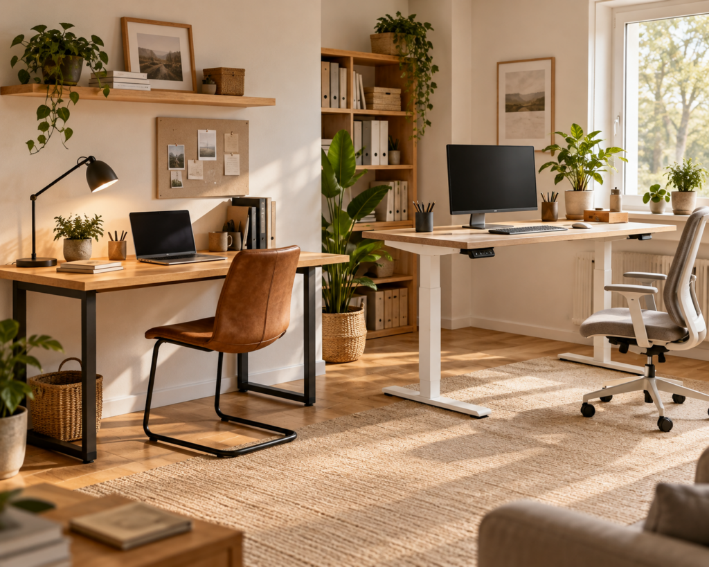 Zwei Homeoffice-Arbeitsplätze im Vergleich mit einem festen Holzschreibtisch und einem elektrisch höhenverstellbaren Schreibtisch.