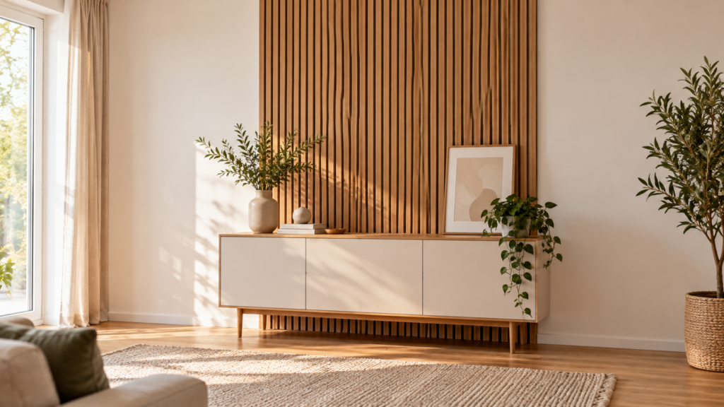Senkrechte Holzlamellen bilden eine begrenzte Akzentfläche hinter einem Sideboard.