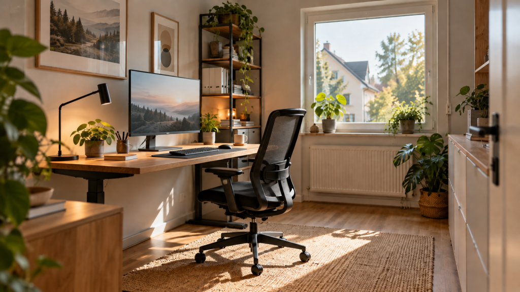 Ergonomisch eingerichtetes Homeoffice mit höhenverstellbarem Schreibtisch, Monitor und verstellbarem Bürostuhl.