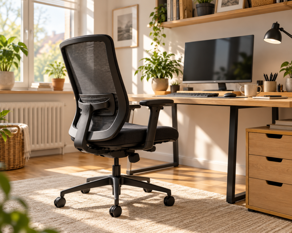 Schwarzer ergonomischer Bürostuhl mit Netzrückenlehne, Lordosenstütze und verstellbaren Armlehnen vor einem Homeoffice-Schreibtisch.