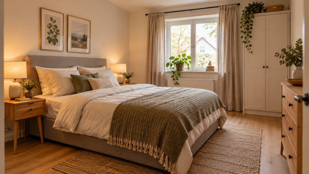 Helles Gästezimmer mit gepolstertem Doppelbett, Nachttisch, kleiner Lampe und Kofferablage am Fußende.