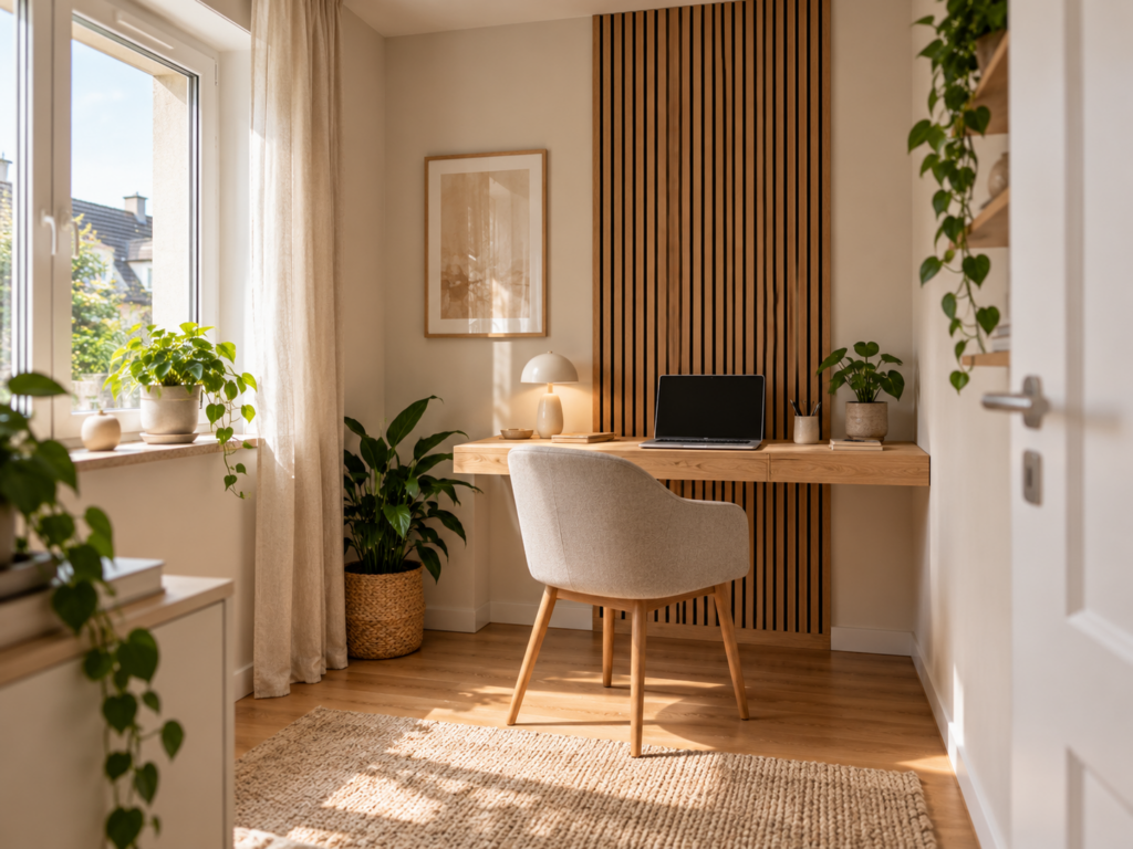 Kleines helles Homeoffice mit Schreibtisch und vertikalen Akustikpaneelen aus Holzlamellen an der Wand.