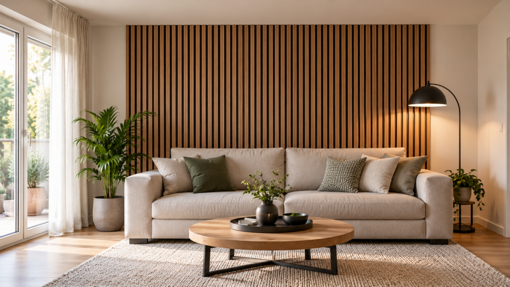 Beiges Sofa vor einer großflächigen Akustikpaneelwand mit vertikalen Holzlamellen im Wohnzimmer.
