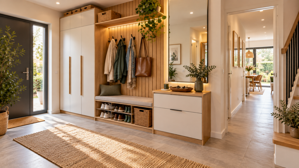 Funktionaler Eingangsbereich mit Schuhschrank, Jackenaufhängung, Sitzbank, Taschenablage und freiem Laufweg.