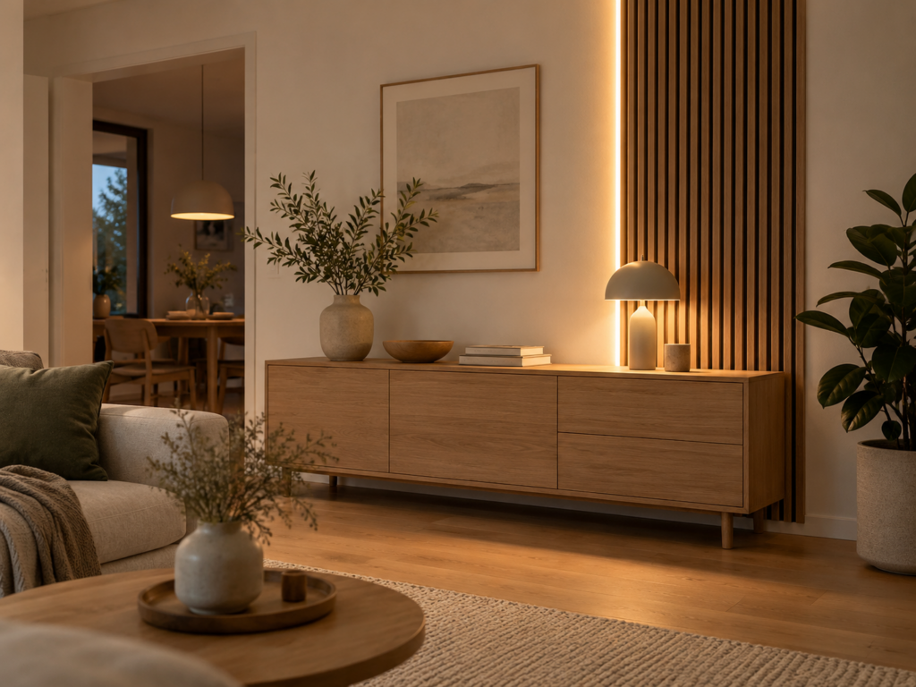 Wohnzimmer mit Sideboard, begrenzter Holzlamellenwand und gezielter warmweißer LED-Beleuchtung.