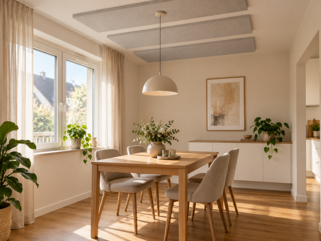 Heller Essbereich mit Holztisch und flachen grauen Akustikabsorbern an der Decke.
