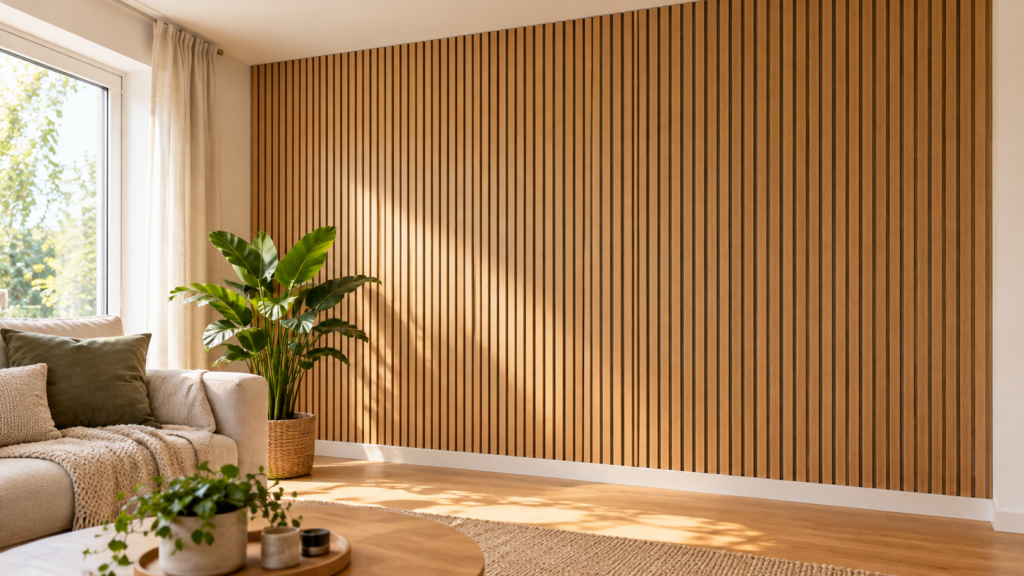 Holzlamellenpaneele mit sauberem Anschluss zur Decke und heller Sockelleiste.