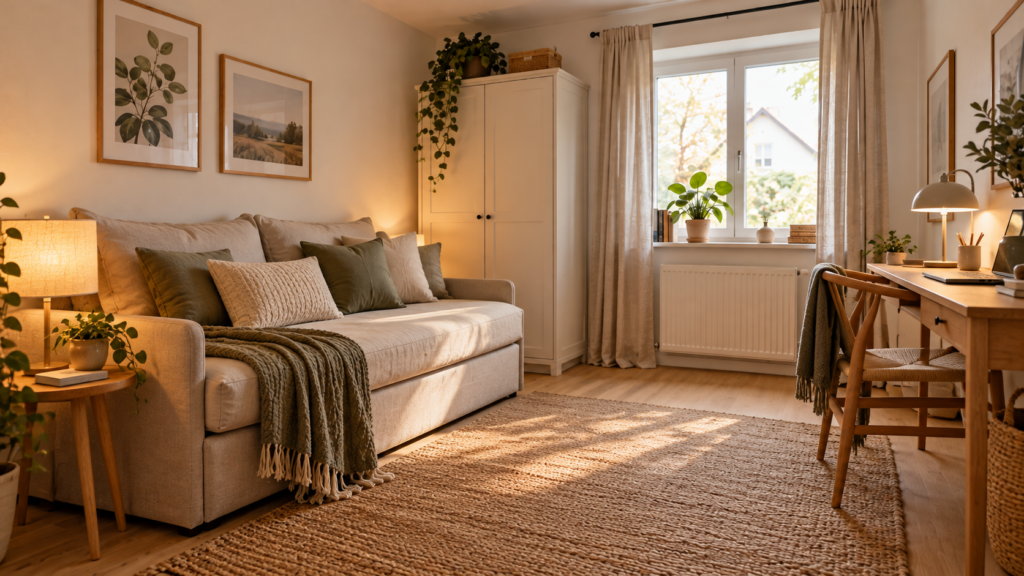 Multifunktionales Gästezimmer mit geschlossenem graugrünem Schlafsofa, Schreibtisch am Fenster und warmen Leuchten.