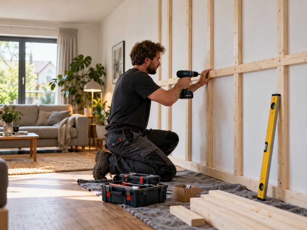 Handwerker befestigt eine waagerechte Holzlatte mit einem Akkuschrauber an der Unterkonstruktion einer Wohnzimmerwand.