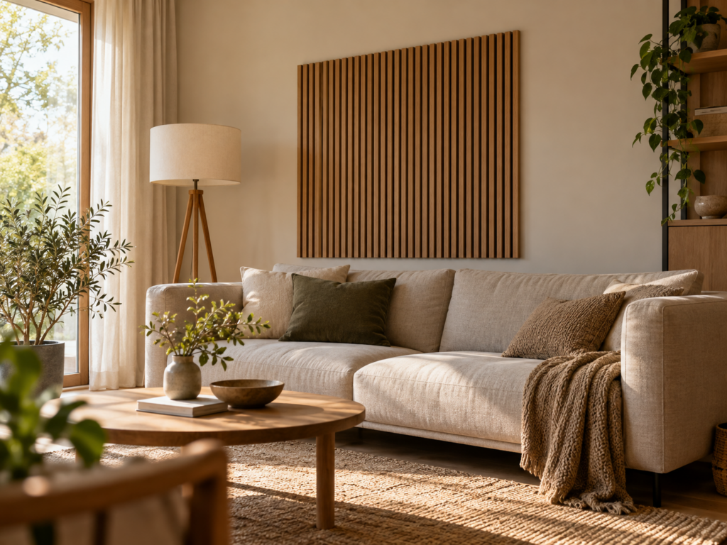 Wohnzimmer mit einer unbe­leuchteten Akustikpaneel-Teilfläche aus Holz über einem beigen Sofa.