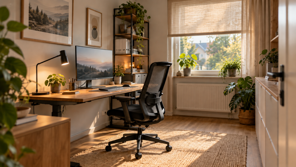 Heller Homeoffice-Arbeitsplatz mit seitlichem Tageslicht, Fensterrollo und ergänzender Schreibtischleuchte.