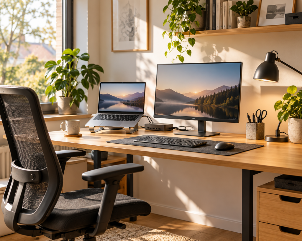Homeoffice-Schreibtisch mit Laptop auf einem Ständer, externem Monitor, Dockingstation, Tastatur und Maus.