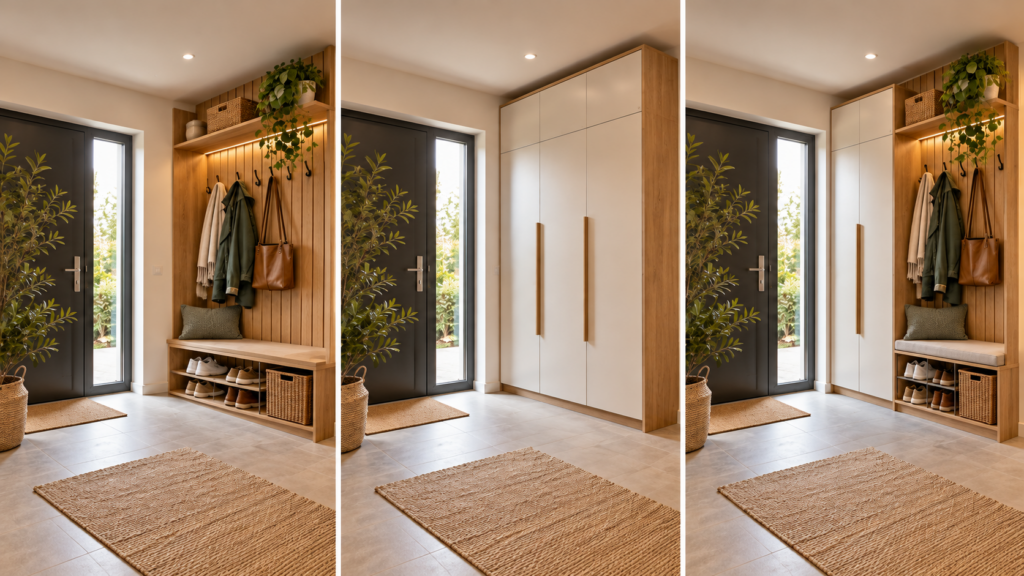 Drei Garderobenvarianten im Vergleich: offene Wandgarderobe, geschlossener Garderobenschrank und kombinierte Stauraumlösung.