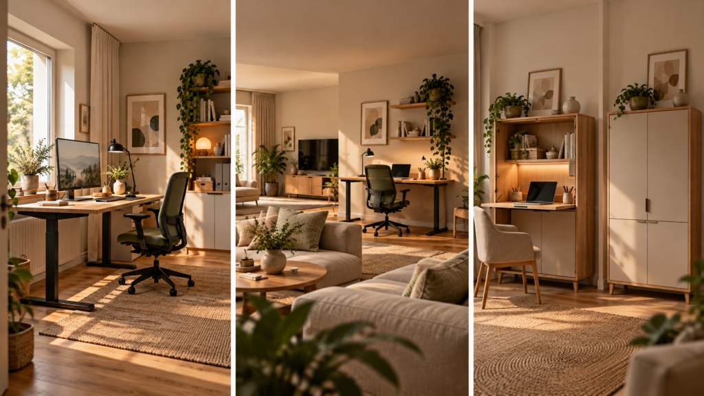 Drei Homeoffice-Varianten im Vergleich: separates Arbeitszimmer, Arbeitsplatz im Wohnzimmer und kompakter Sekretär.