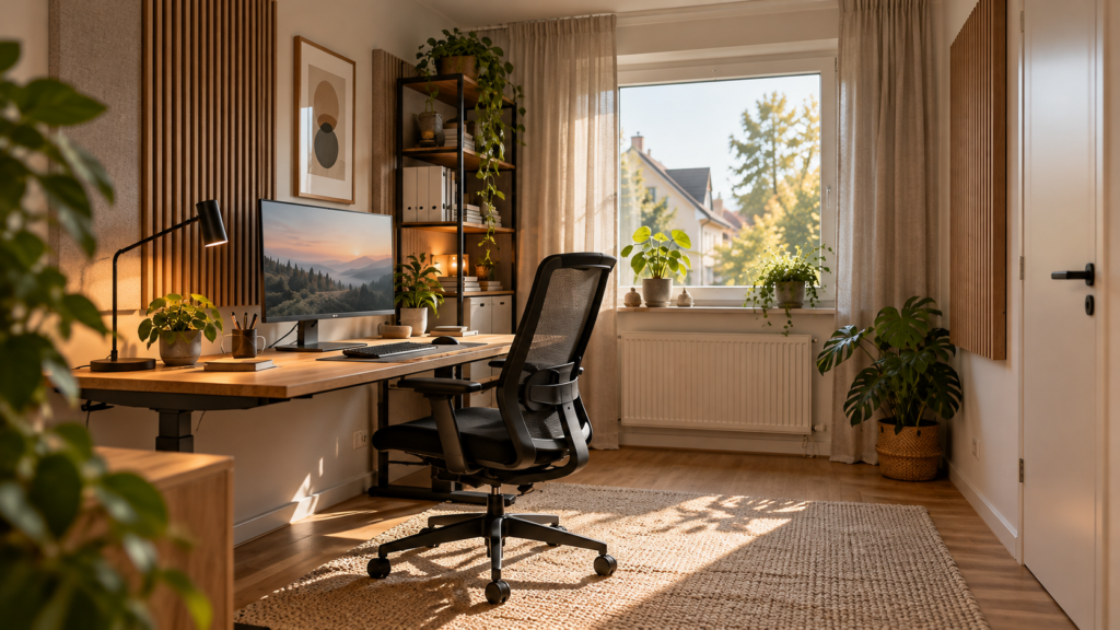 Ruhiges Homeoffice mit geradlinigen Akustikpaneelen aus Holz, Vorhängen, Teppich und ergonomischem Arbeitsplatz.