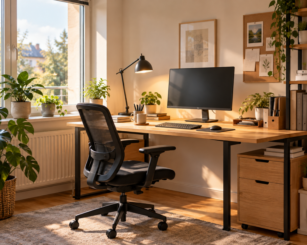 Heller Homeoffice-Arbeitsplatz mit großem Monitor, schwarzer Schreibtischleuchte und natürlichem Tageslicht durch ein seitliches Fenster.
