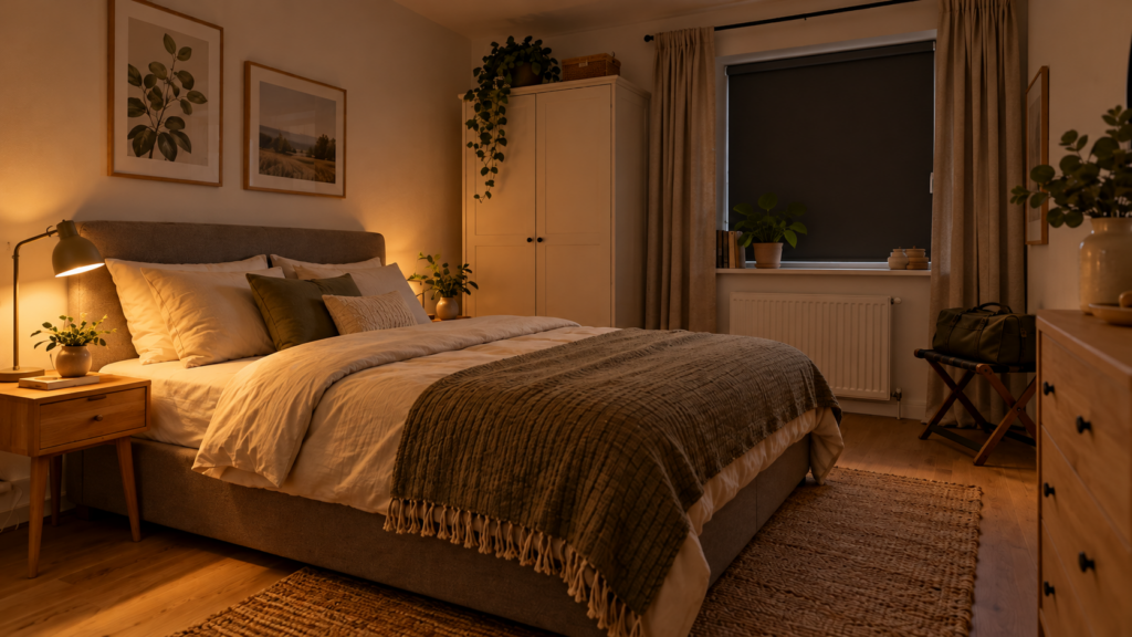 Gemütliches Gästezimmer am Abend mit geschlossenem Verdunkelungsrollo und warm beleuchteten Nachttischen.