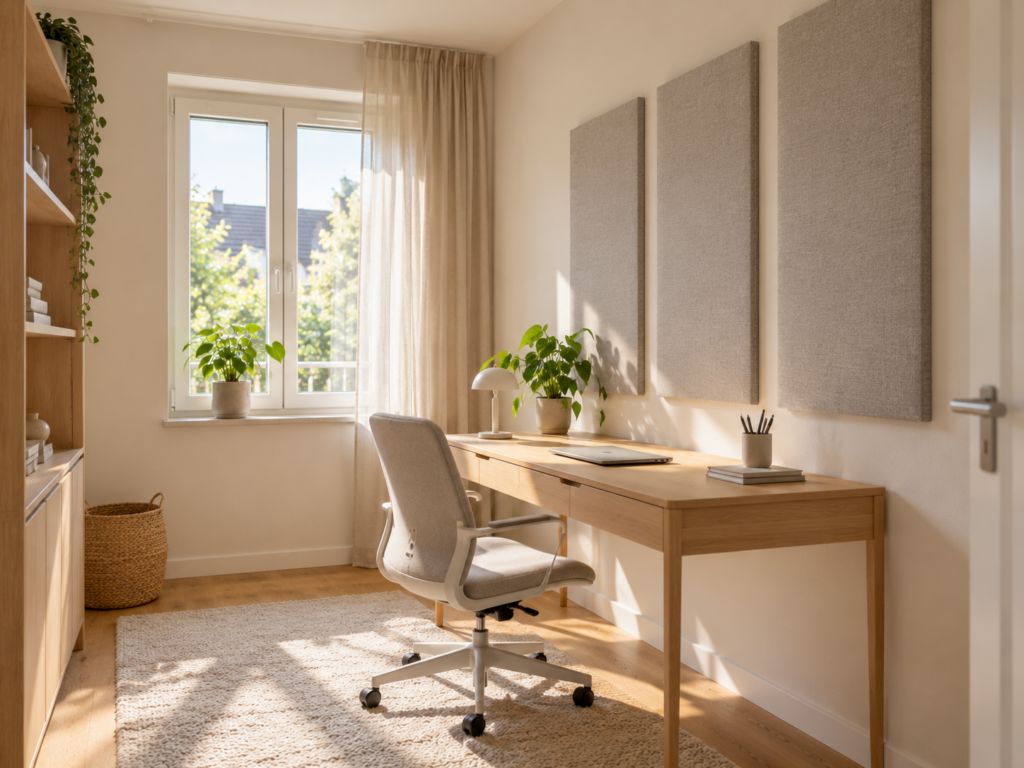 Kleines Arbeitszimmer mit drei grauen Akustikabsorbern an der Wand über einem Holzschreibtisch.