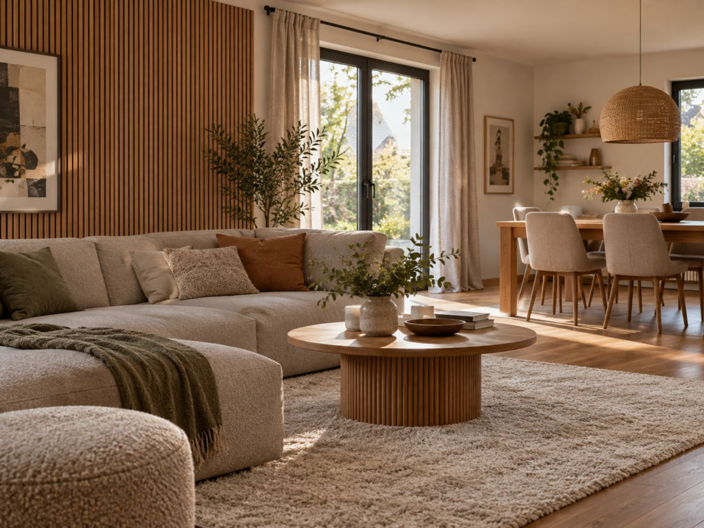Heller Wohn- und Essbereich mit Akustikpaneelen aus Holz, beigem Sofa, großem Teppich und bodenlangen Vorhängen.