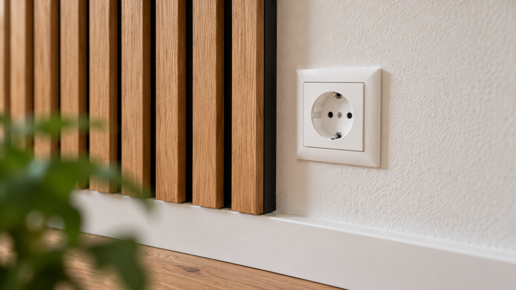 Weiße Schutzkontaktsteckdose auf einer hellen Wand direkt neben einer Akustikpaneelfläche aus Eichenholzlamellen.