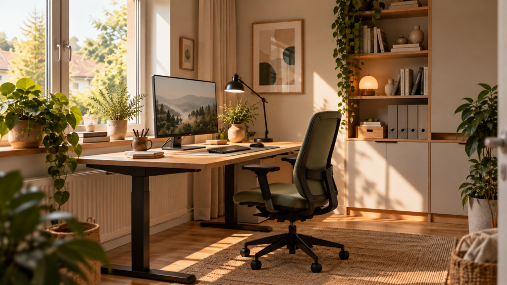 Homeoffice-Schreibtisch neben einem Fenster mit seitlichem Tageslicht, Monitor, Schreibtischleuchte und ergonomischem Bürostuhl.
