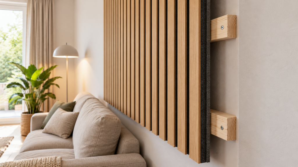 Seitliche Ansicht einer teilweise montierten Akustikpaneelwand mit Unterkonstruktion.