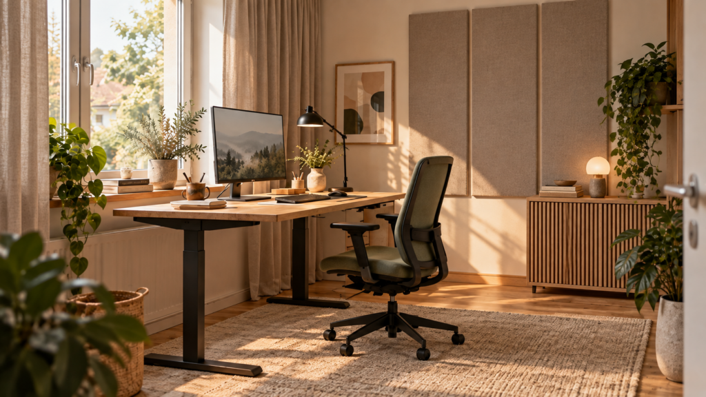 Ruhiges Homeoffice mit Schreibtisch, ergonomischem Bürostuhl, textilen Akustikabsorbern, Vorhängen und Teppich.