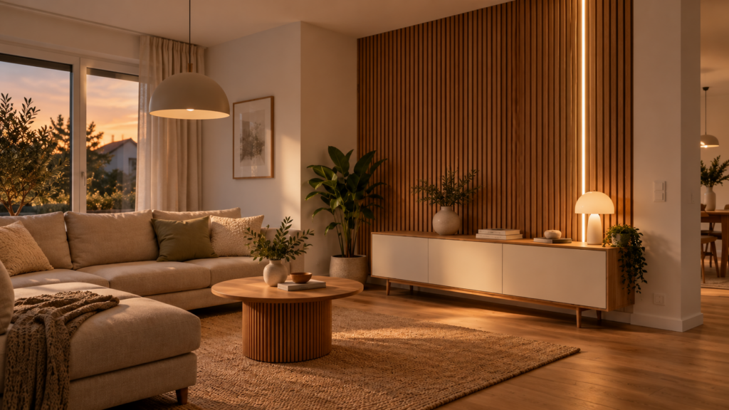 Wohnzimmer mit vertikaler Holz-Akustikpaneelwand und einer integrierten warmweißen LED-Lichtlinie bei Abendlicht.