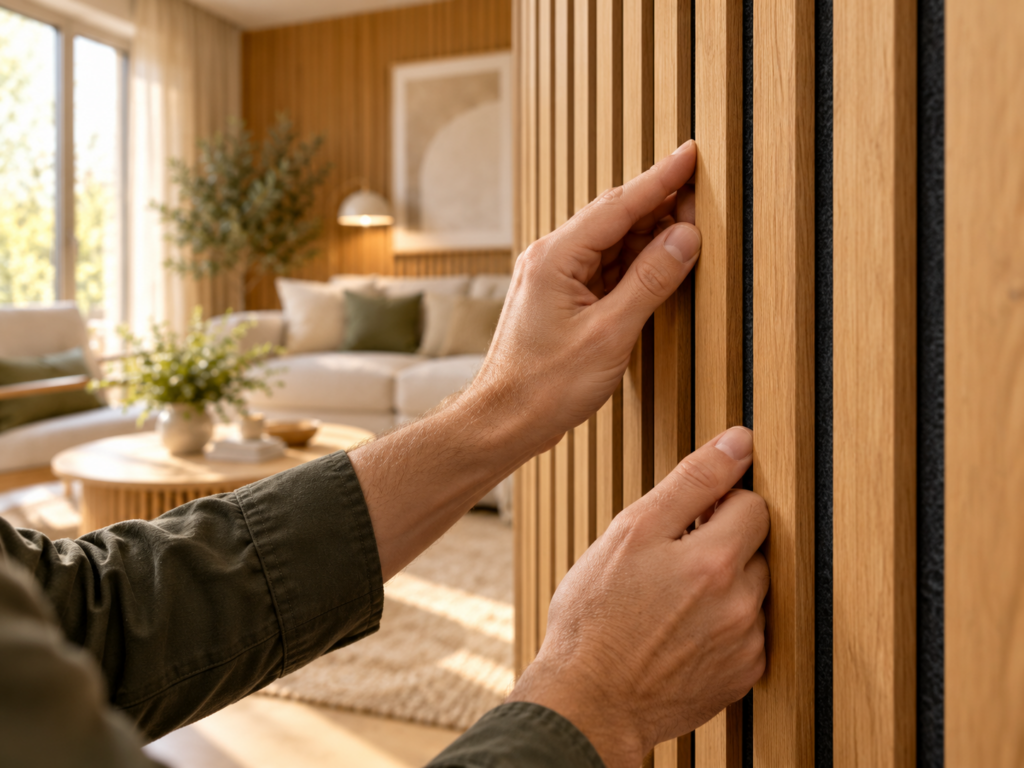 Person kontrolliert mit beiden Händen den festen Sitz einzelner Holzlamellen an einer Akustikpaneel-Wand mit schwarzem Filz.
