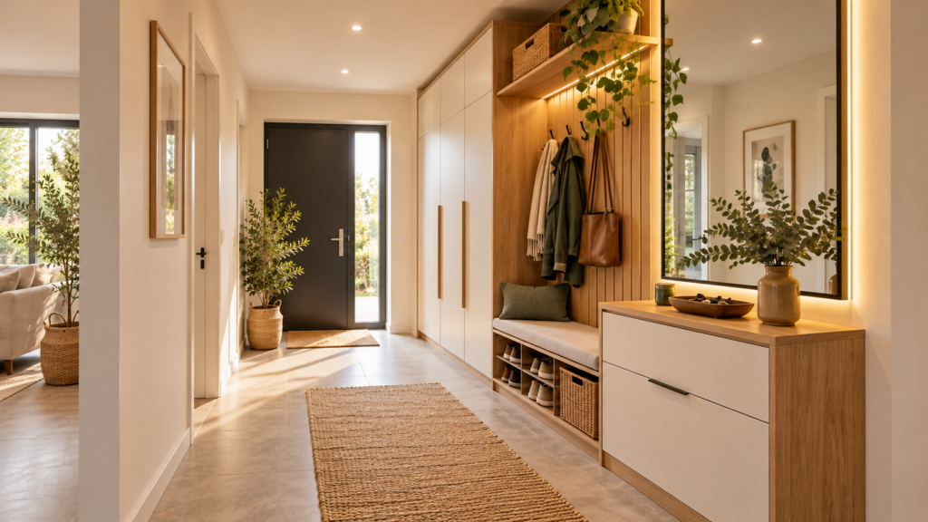 Heller Flur mit Garderobenschrank, Spiegel, warmer Beleuchtung und natürlichen Holzoberflächen.