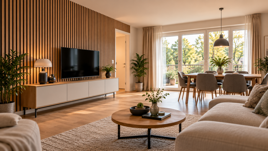 Offener Wohn- und Essbereich mit Holzlamellenwand, Fernseher, Polstermöbeln, Teppich und großen Fenstern.