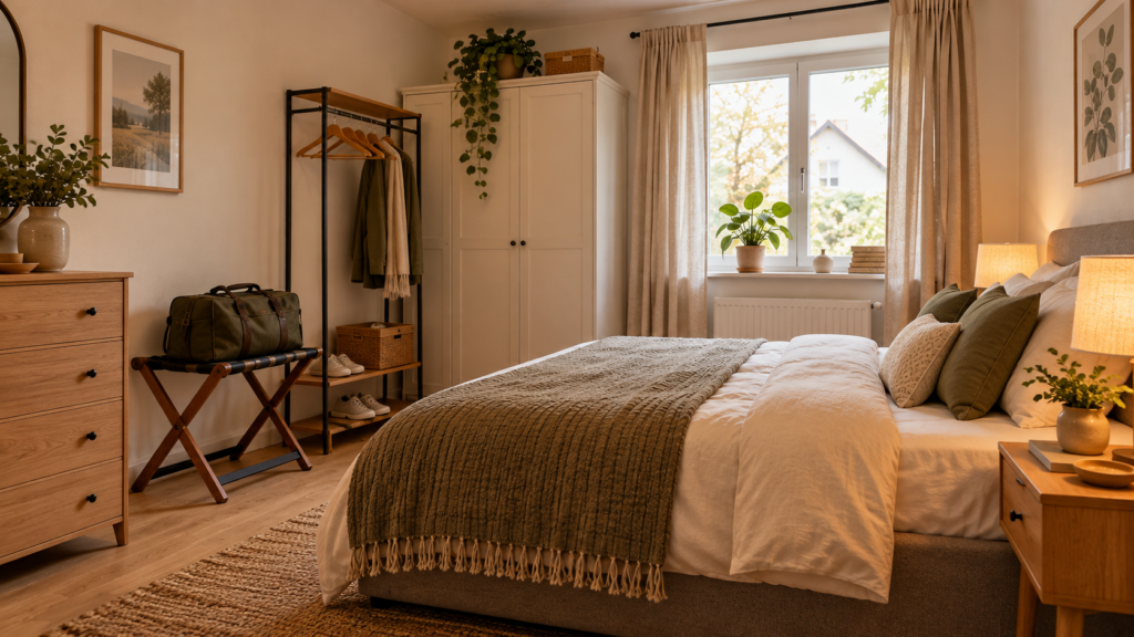 Geöffnetes Schrankbett mit gepolsterter Liegefläche und tragender Fußkonstruktion in einem hellen Gästezimmer.