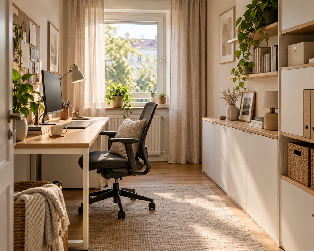 Kleines Homeoffice mit Holzschreibtisch, ergonomischem Bürostuhl, weißen Stauraumschränken, offenen Regalen und hellen Vorhängen.