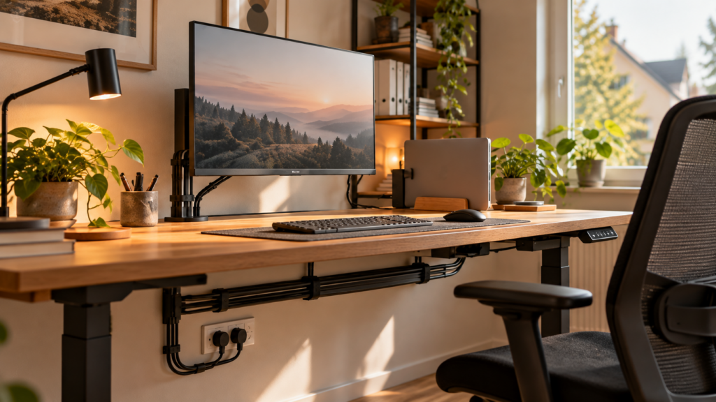 Homeoffice-Schreibtisch mit Monitor, Tastatur, Dockingstation und ordentlich verlegten Anschlusskabeln unter der Tischplatte.