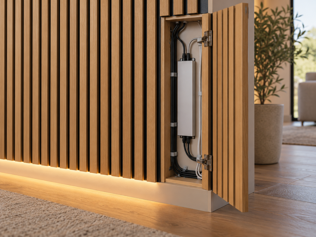 Geöffnete Wartungsklappe in einer Holzlamellenwand mit zugänglichem LED-Netzteil und verlegten Kabeln.