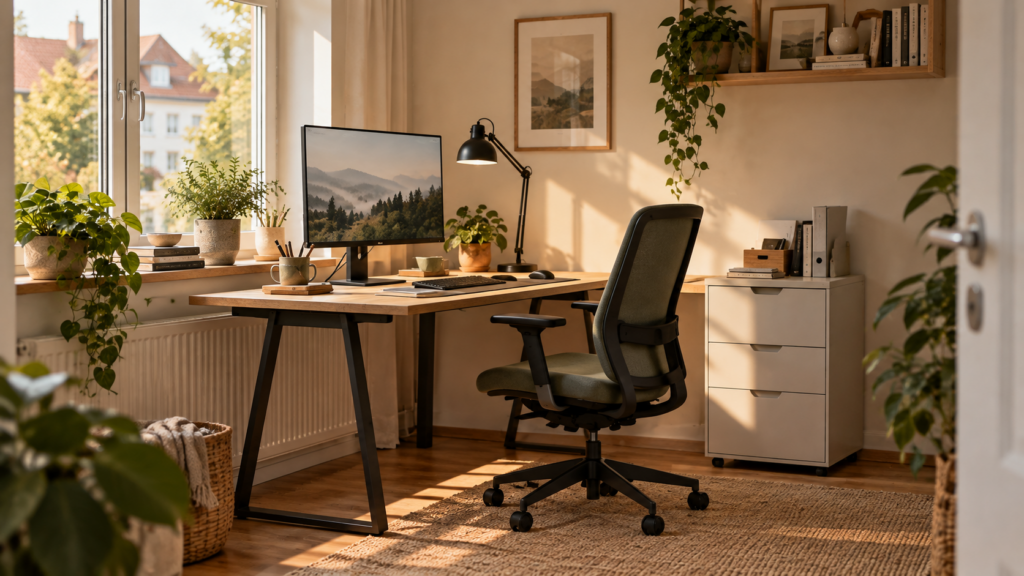 Einfach ausgestatteter Homeoffice-Arbeitsplatz mit Holzschreibtisch, Monitor, ergonomischem Bürostuhl und Rollcontainer.