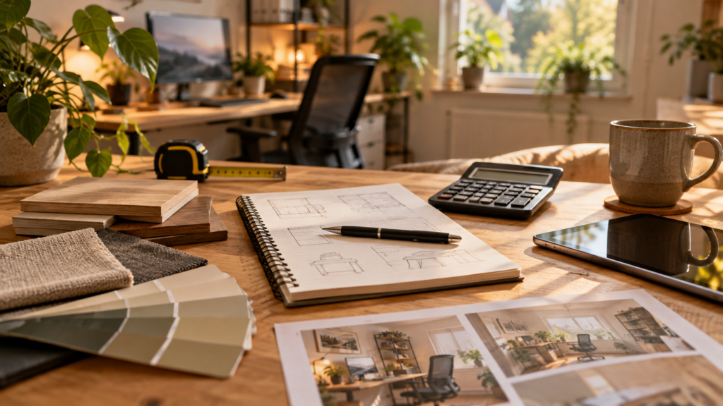 Homeoffice-Kaufplanung mit Raumskizzen, Maßband, Taschenrechner und Materialmustern auf einem Holztisch.