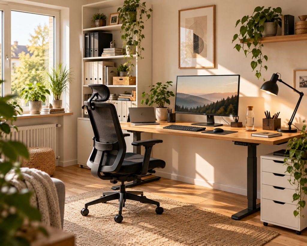 Komfortabel eingerichtetes Homeoffice mit höhenverstellbarem Holzschreibtisch, ergonomischem Bürostuhl, Monitor und Regalen.
