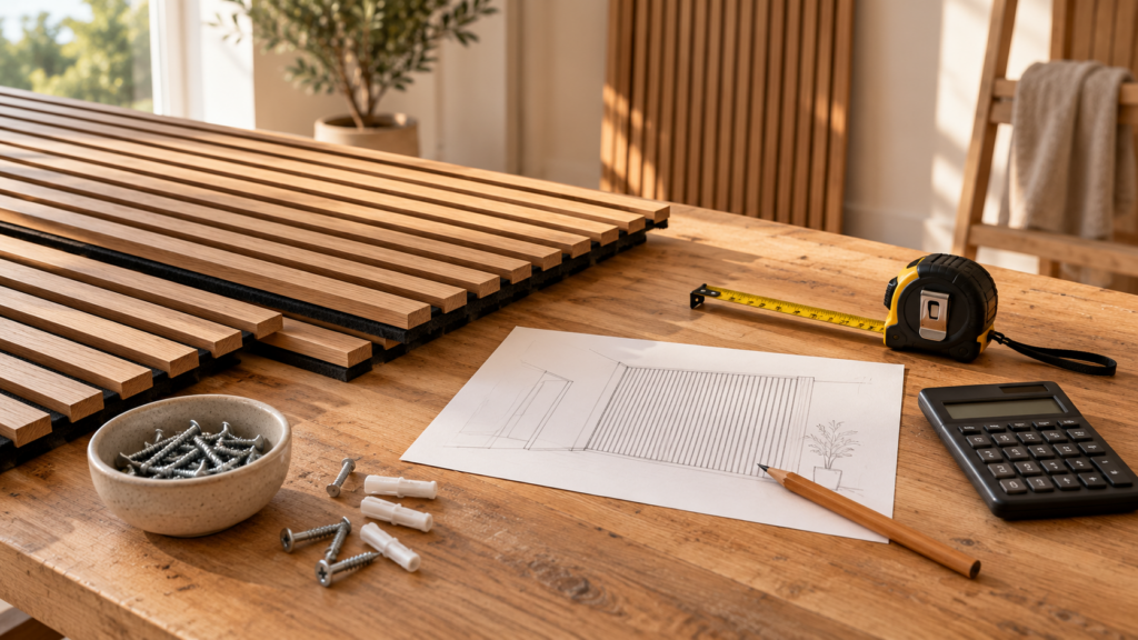 Holz-Akustikpaneele, Maßband, Schrauben, Dübel, Taschenrechner und Planungsskizze liegen auf einer Werkbank.