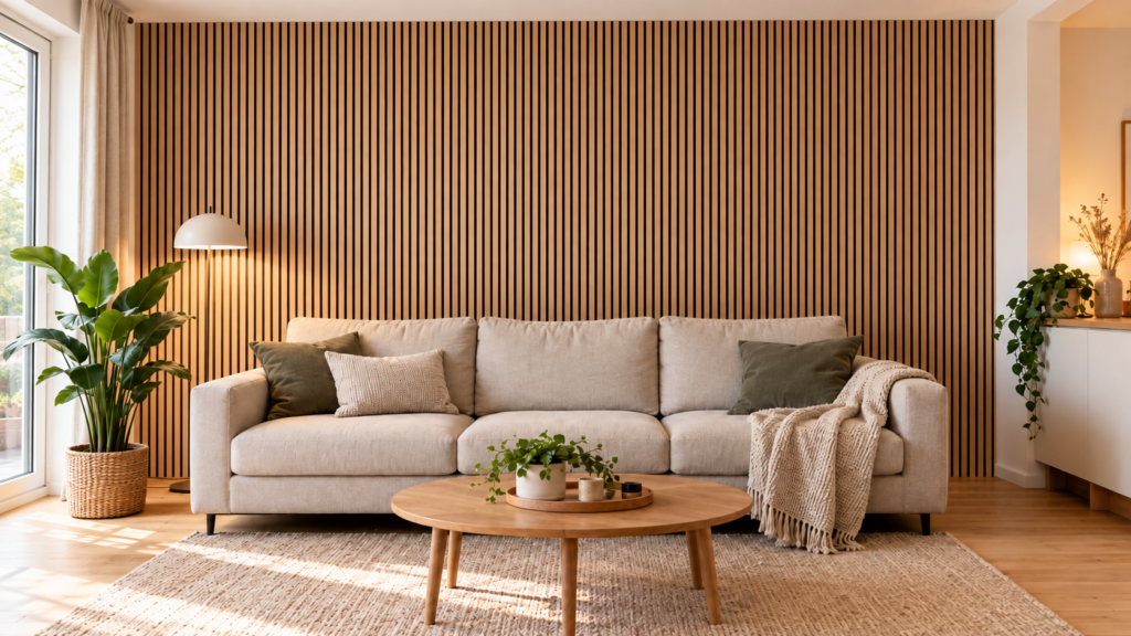 Ruhiges Wohnzimmer mit einer fertig montierten Holzlamellenwand hinter dem Sofa.