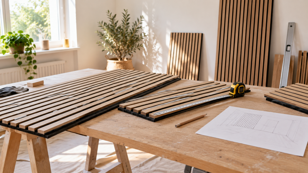 Holzlamellenpaneele mit Maßband und Planungsskizze für den Zuschnitt.