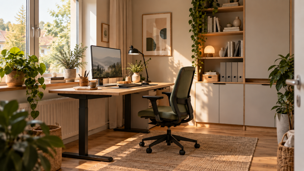 Aufgeräumtes Homeoffice mit höhenverstellbarem Schreibtisch, Monitor, ergonomischem Bürostuhl und geordnetem Stauraum.