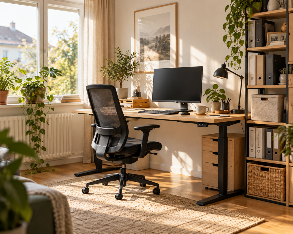 Aufgeräumtes Homeoffice mit ergonomischem Bürostuhl, höhenverstellbarem Schreibtisch, Bildschirm und Holzregal in warmem Tageslicht.
