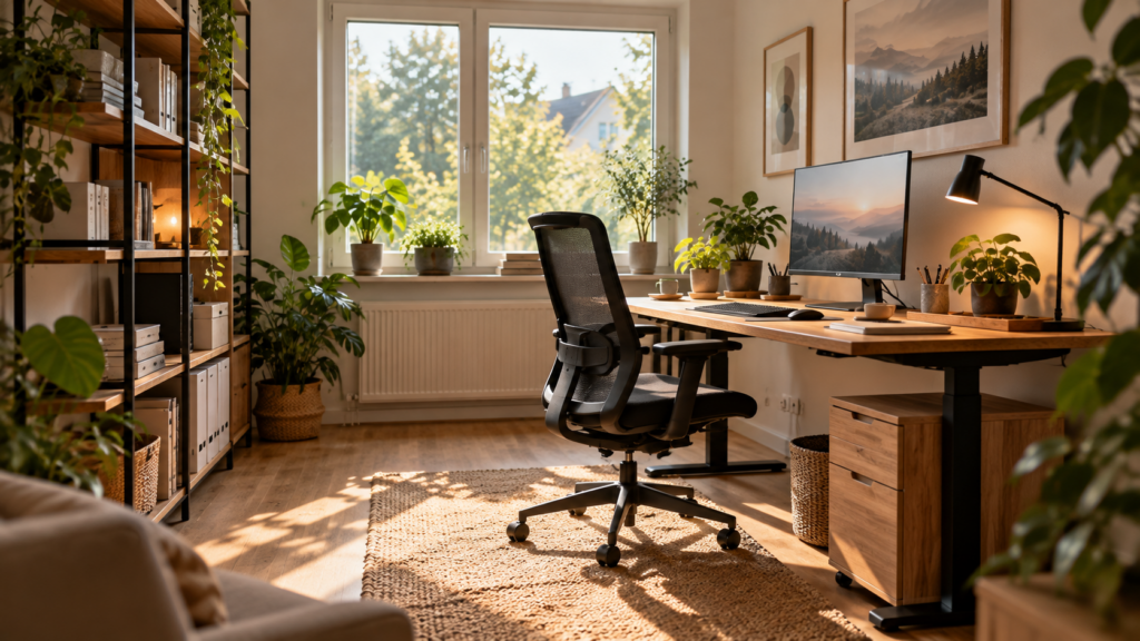 Fertig eingerichtetes Homeoffice mit ergonomischem Bürostuhl, aufgeräumtem Schreibtisch, Regalen und natürlichem Tageslicht.
