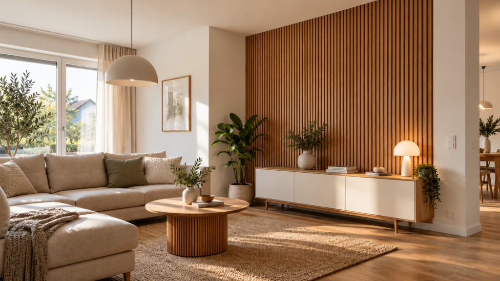 Modernes Wohnzimmer mit fertig montierter Akustikpaneelwand aus Eichenlamellen hinter einem hellen Sideboard.