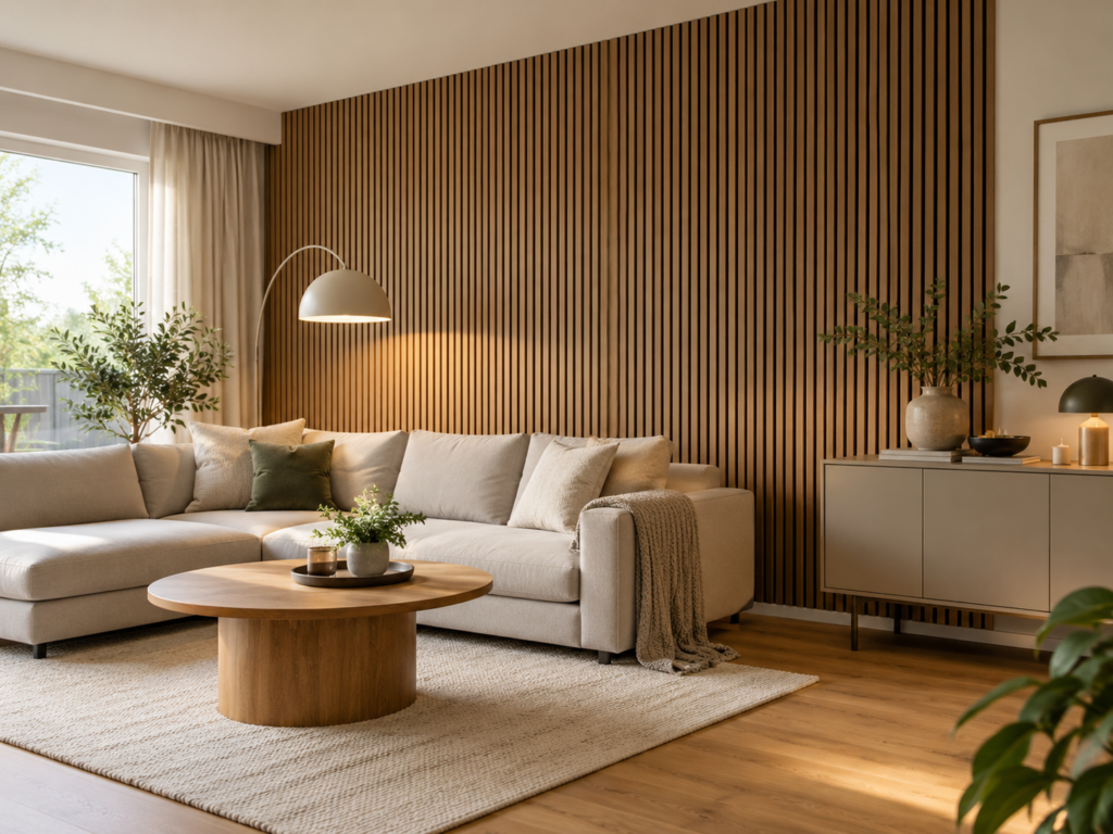 Modernes Wohnzimmer mit nachgerüsteter Eichenholzlamellenwand, beigem Ecksofa, Sideboard und warmem Tageslicht.