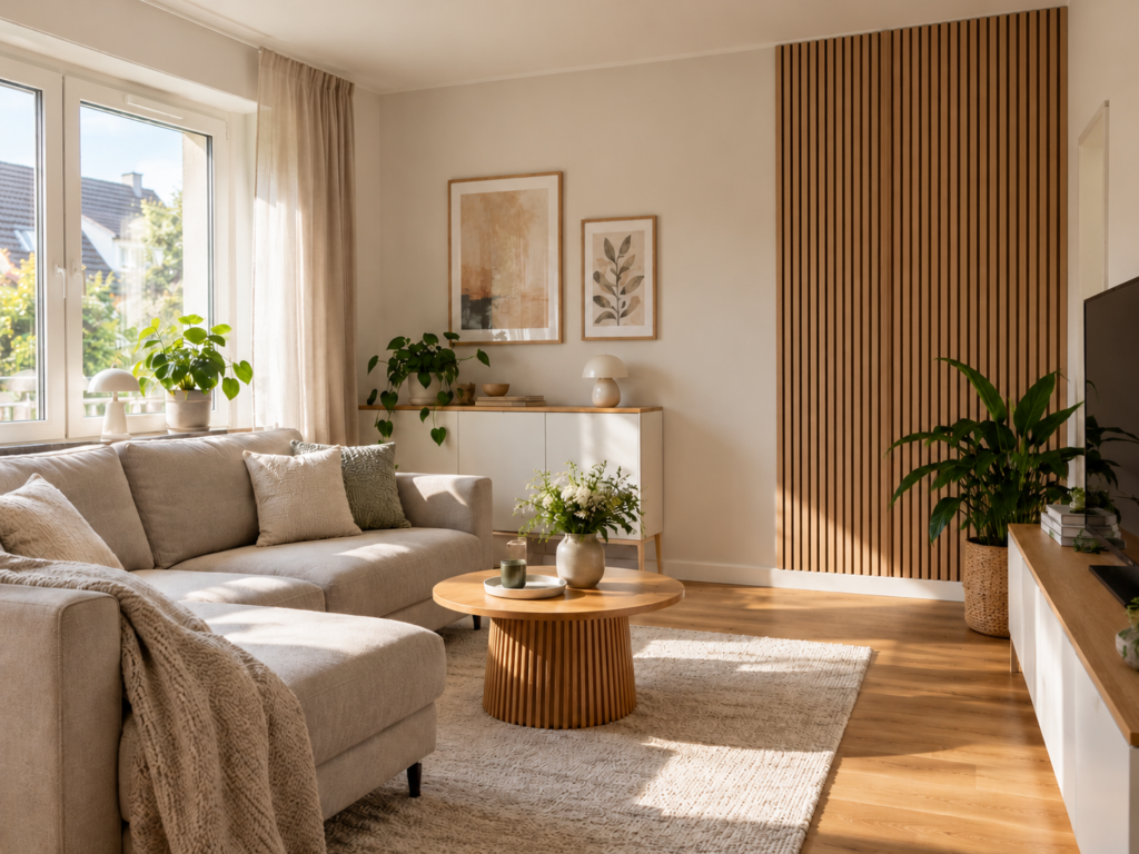 Modernes kleines Wohnzimmer mit beigem Sofa und einer platzsparenden Akustikpaneel-Wand aus Eichenlamellen.