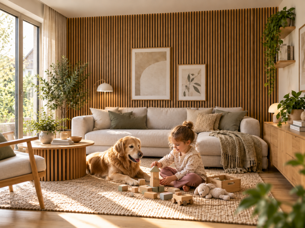 Kleines Kind spielt mit Holzbausteinen neben einem Golden Retriever im Wohnzimmer mit vertikalen Holz-Akustikpaneelen.
