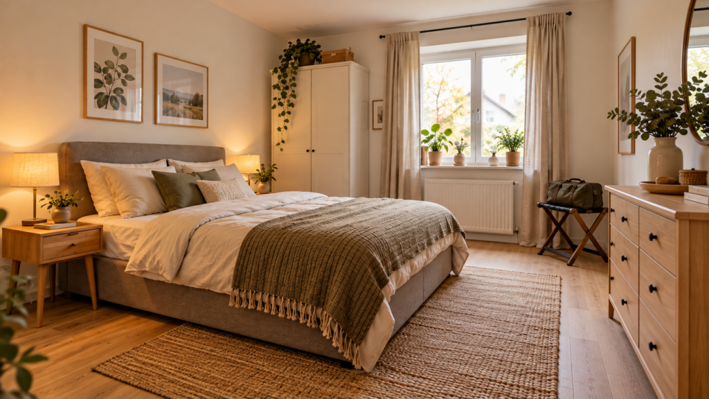 Ruhiges Gästezimmer mit Doppelbett, Wandleseleuchten, hellem Stauraumschrank und Kofferablage am Fenster.
